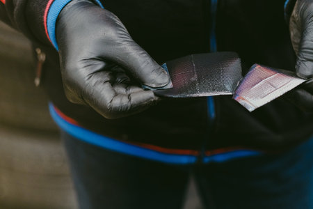 A worker with black rubber gloves in a workshop opening radial tire patch