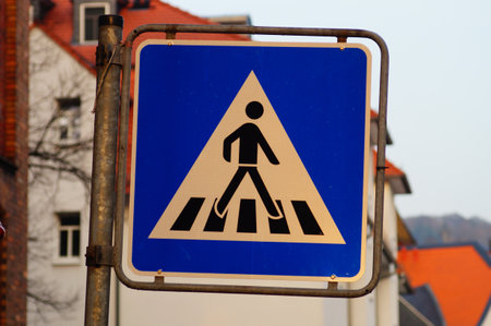 Traffic sign for a zebra crossing in Marburg, Germanyの写真素材