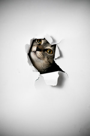 A cat looking through the hole in the torn paperの写真素材