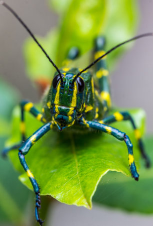 A vertical shot of a cricket on a leafの写真素材