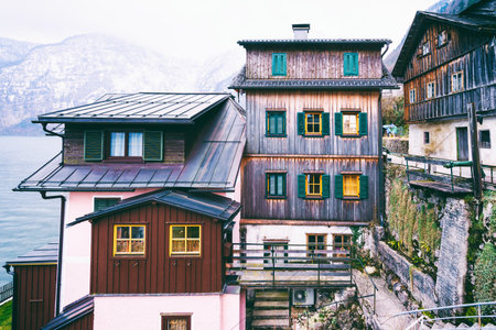 A beautiful shot of wooden houses in Hallstatt village, Alps, Austriaの写真素材