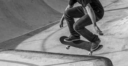 A grayscale shot of a person skating in a skateparkの写真素材