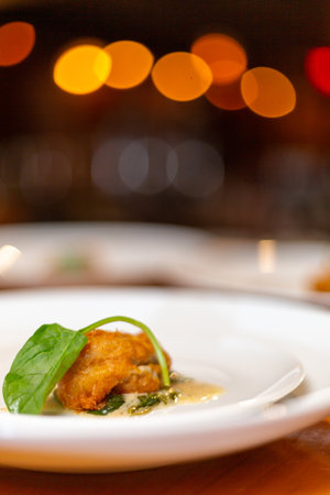 A selective focus shot of deliciously cooked meat with sauce decorated with a leaf of greeneryの写真素材