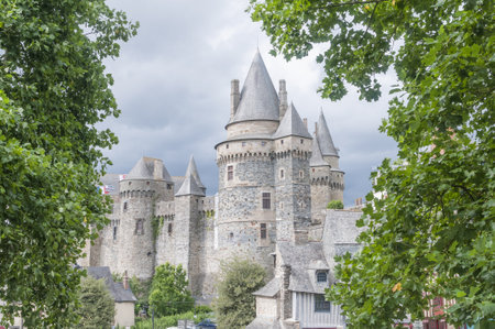 The Chateau de Vitre surrounded by greenery under a cloudy sky in France