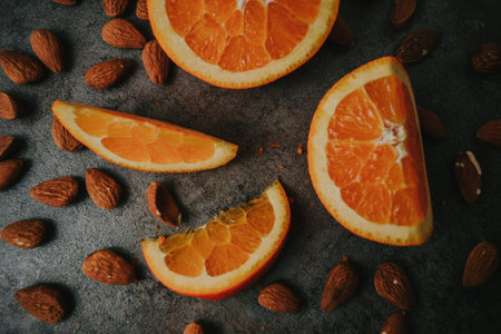 a top view of different-size sliced  oranges and brown almond nuts on a gray backgroundの写真素材