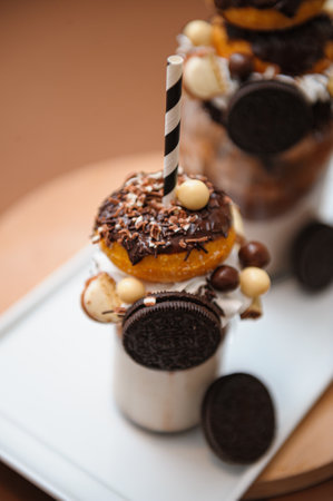 A vertical shot of a chocolate milkshake with donut and cookie decorationsの写真素材