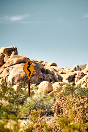 A vertical shot of a yellow road sign in Joshua Tree National Park, California USAの写真素材