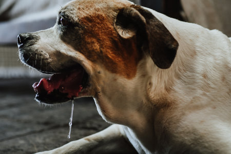 A closeup of a white outdoor dog lying on the ground with a blurry backgroundの写真素材