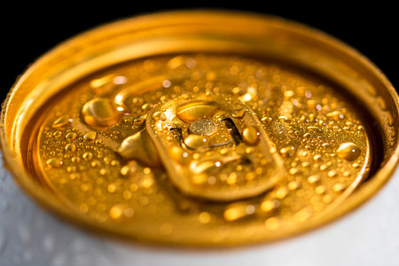 A close-up shot of the top of an aluminum can with water droplets on it