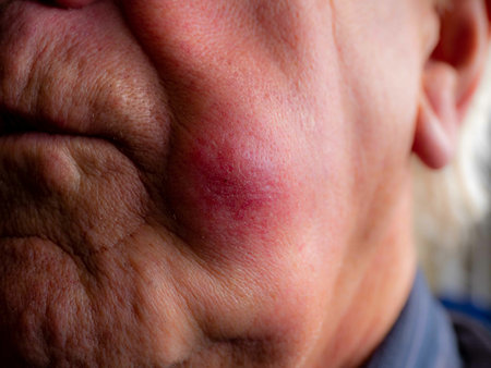 swollen abscess on the side of a mans faceの写真素材