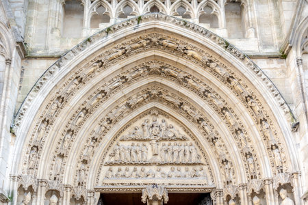 The facade and door of the Gothic cathedral of Saint Andre in Bordeaux, New Aquitaine, Franceの写真素材