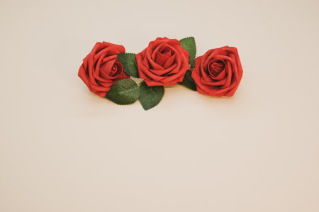 Artificial red roses isolated on light backgrouの写真素材