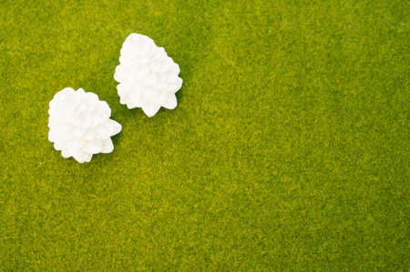 A top view shot of white handmade spruce trees on a green grass surfaceの写真素材