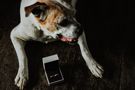 A high angle shot of a dog lying on the floor with wedding rings on it