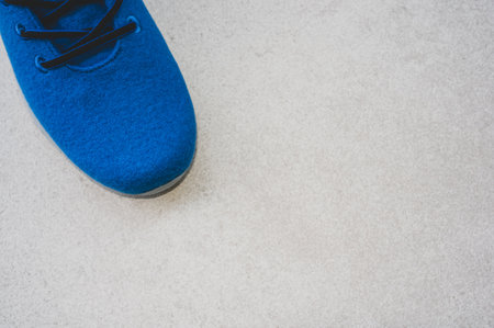 A top view of a blue felt shoe on a white ground