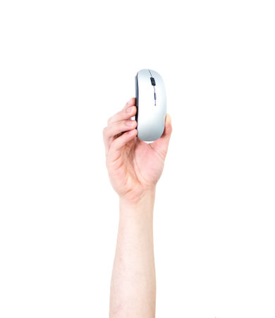 A man's hand holding a PC mouse isolated on white backgroundの写真素材