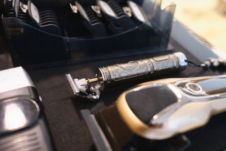 A selective focus shot of a carved metal grooming trimmer in grooming set for professional barbers