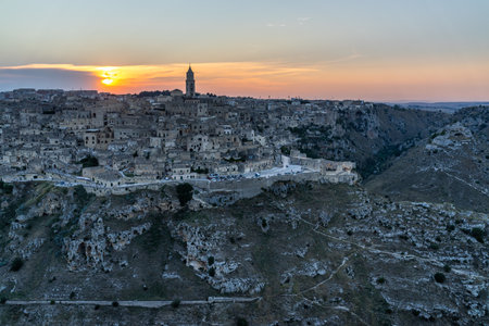 Scenic sunset over the ancient city of Matera in Basilicata region, southern Italyの写真素材