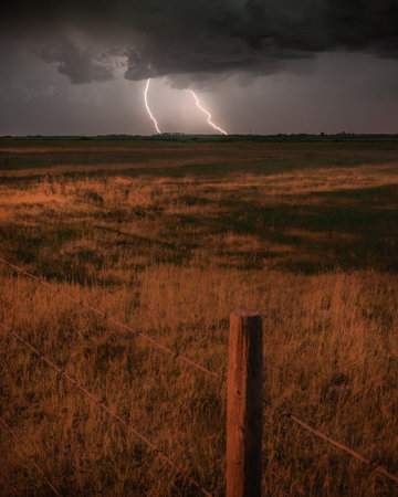 A vertical shot of lightning strike over a farm fieldの写真素材