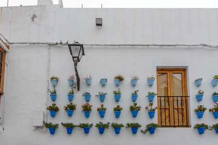 A closeup of a building decorated with potted plants in Vejer de la Frontera, Spainの写真素材