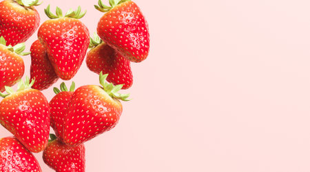 A closeup shot of falling strawberries on pink background with space for text