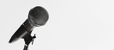 A 3D render of a silver microphone isolated on a white backgroundの写真素材