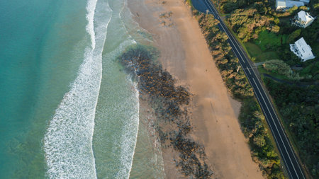 Aerial View of Great Ocean Road and BeacLandscape at Sunset, Victoria, Australia