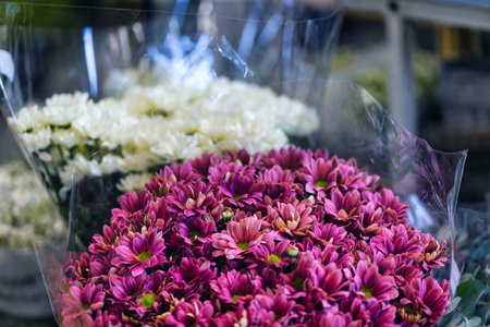 The closeup of pink chrysanthemum bouquet
