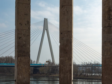 View through stone pillars to the bridge across the river Rhine near to Neuwiedの写真素材