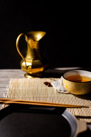 A vertical shot of a traditional Chinese tea ceremony arrangementの写真素材