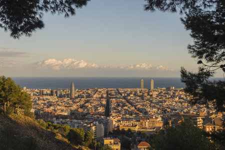 A beautiful cityscape against a blue sky background in the Catalan region, Spainの写真素材