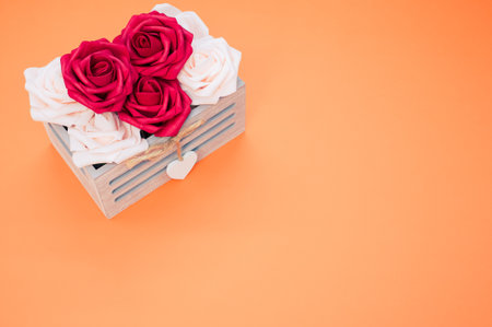 Beautiful red and white roses in a box isolated on an orange backgroundの写真素材