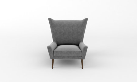 A closeup shot of a fancy gray armchair on a white plain backgroundの写真素材