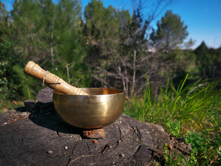 Metal singing bowl for relaxing and receiving healing vibrationsの写真素材