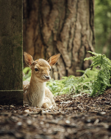 A vertical closeup shot of a baby deer in a parkの写真素材