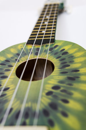 A vertical shot of a green ukulele with kiwi painted on it on a bright surfaceの写真素材