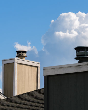 A vertical shot of chimneys on a tile roof under a bright blue sky with big cumulus cloudsの写真素材