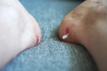 Two blisters: One blister on the left foot, one blister on the right foot.の写真素材