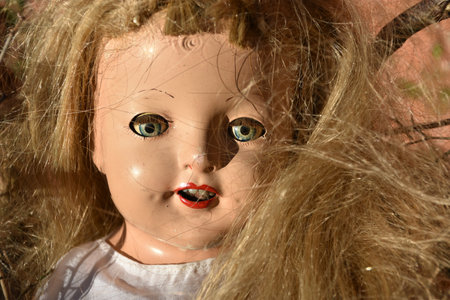 A closeup of a creepy old doll face with disheveled hairの写真素材