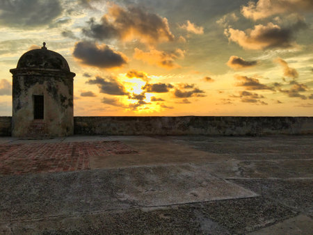 A sunset view from the wall around the city of Cartagena, Colombiaの写真素材