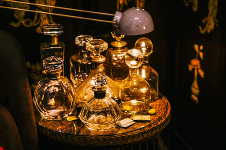 Glass perfume bottles on dark backgroundの写真素材