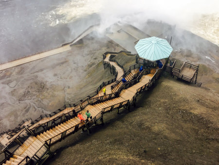 An aerial shot of wooden staircase of Montmorency Falls, Quebec, Canadaの写真素材