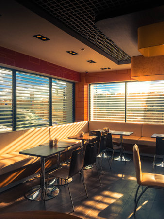 A beautiful interior of a cafe on a sunny dayの写真素材