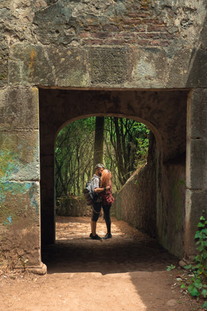 A vertical shot of a couple kissing under an old bridge in a parkの写真素材