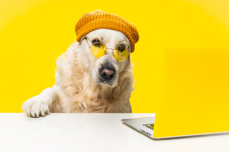 A funny Golden Retriever with a beanie and sunglasses sitting near a laptop against a yellow backgroundの写真素材