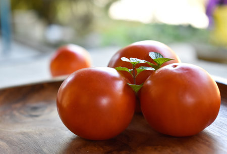 A closeup shot of fresh tomatoes on cutting boardの写真素材