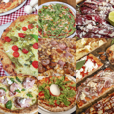 A collage of delicious various types of Italian pizzaの写真素材