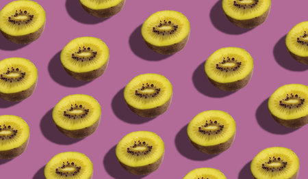 Yellow kiwi on pink background. Wallpaper, banner, patternの写真素材