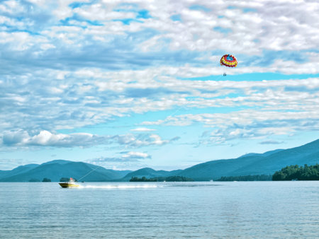People parasailing over Lake George, New York, August, 2015の写真素材