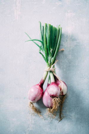 A top view of fresh shallots on a blurred backgroundの写真素材